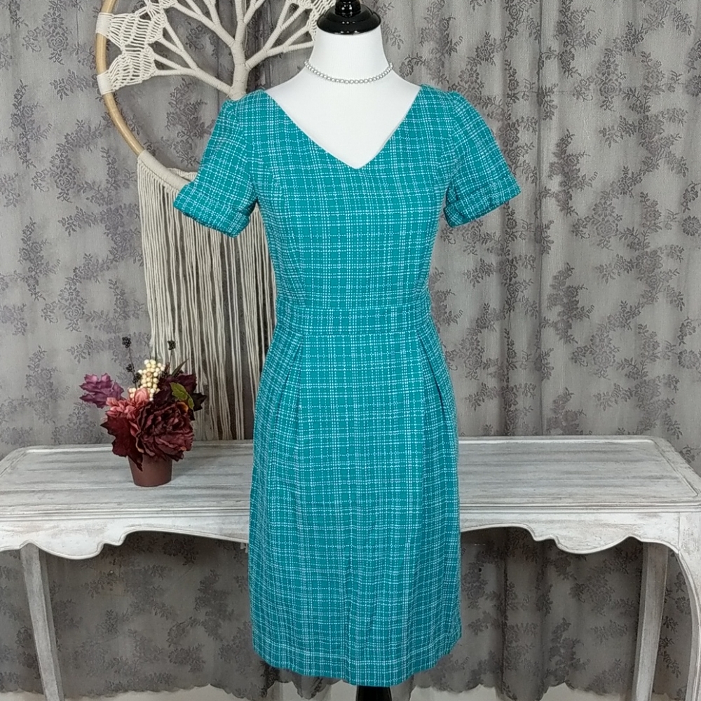 People Tree UK teal stitched plaid pinup dress